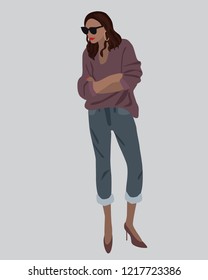 Vector fashion illustration of trendy modern pretty standing woman in sweatshirt, blue jeans and sunglasses. Fall collection