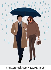 Vector fashion illustration of trendy modern beautiful girl and handsome gentleman under the rain with umbrella. Fall collection