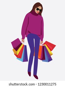 Vector fashion illustration of trendy modern pretty girl holding colorful paper bags. Shopping. Sale