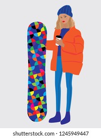 Vector fashion illustration of trendy modern pretty girl in winter jacket and colorful snowboard. Fall winter collection. Flat graphic 