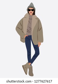 Vector fashion illustration of trendy modern pretty girl in jeans, hat and winter jacket. Fall winter collection. Flat graphic