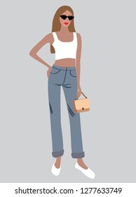 Vector fashion illustration of trendy modern pretty girl in jeans and top. Spring summer collection. Flat graphic