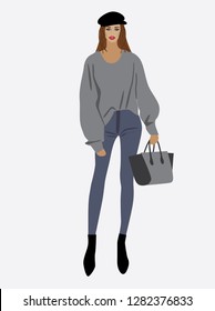 Vector fashion illustration of trendy modern pretty girl in oversize sweatshirt. Fall winter illustration. Flat graphic