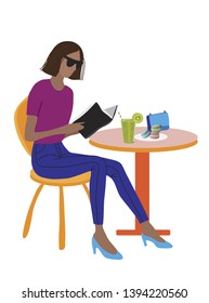 Vector fashion illustration of trendy modern girl in cafe reading a book 