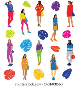 Vector fashion illustration of trendy modern pretty girls and bright tropical leaves. Spring Summer holiday collection. 