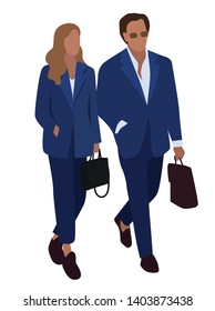 Vector fashion illustration of trendy modern pretty business woman and handsome business man in suit. Flat graphic. Business people