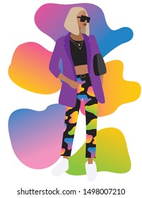 Vector fashion illustration of trendy modern pretty girl on the colorful abstract background