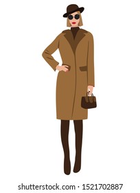 Vector fashion illustration of trendy modern girl  in beige winter coat and high boots. Fall winter trendy collection. 