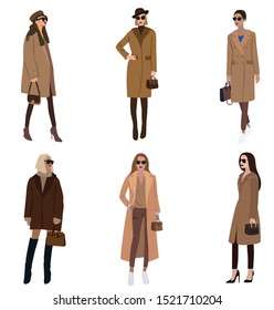 Vector fashion illustration of trendy modern woman in beige winter coat and high boots. Fall winter trendy collection set. 