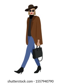 Vector fashion illustration of trendy modern girl with bag in beige winter jacket and hat. Fall winter trendy collection. Flat Graphic