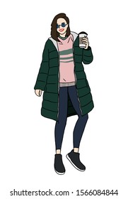 Vector fashion illustration of trendy modern girl with cup of coffee in green winter coat, sweatshirt and legging. Fall winter trendy collection. Flat Graphic