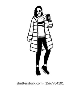 Vector fashion illustration of trendy modern girl with cup of coffee in green winter coat, sweatshirt and legging. Fall winter trendy collection. Flat Graphic