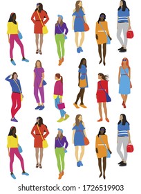 Vector fashion illustration of trendy modern pretty girls. Background. Diversity people. Shopping set