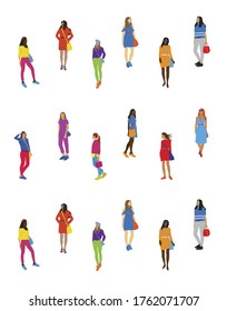 Vector fashion illustration of trendy modern pretty girls. Background. Diversity people. Shopping set