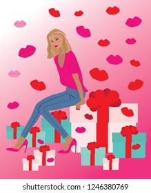 Vector fashion illustration of trendy pretty girl sitting on a christmas gift box. Christmas gifts. Holiday. Kisses