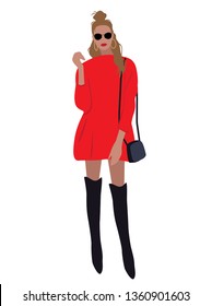 Vector fashion illustration of trendy pretty woman in long red dress and high boots. Spring summer collection.