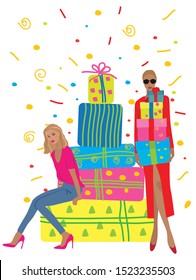 Vector fashion illustration of trendy pretty girl sitting on a christmas gift box. Christmas gifts. Holiday illustration