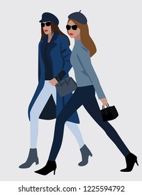 Vector fashion illustration of trendy stylish modern girls. Best friends. Pretty girls. Chatting