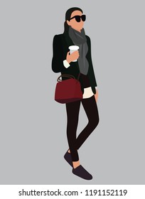 Vector fashion illustration of trendy woman with coffee in suit, scarf and sunglasses. Fall winter illustration