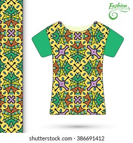 Vector fashion illustration, t-shirt with ethnic ornament and seamless border. Isolated elements for fabric print, scrapbook or invitation cards design.