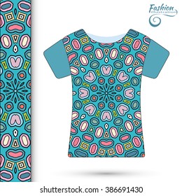 Vector fashion illustration, t-shirt with ethnic ornament and seamless border. Isolated elements for fabric print, scrapbook or invitation cards design.