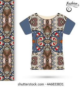 Vector fashion illustration, t-shirt with ethnic ornament and seamless border. Isolated elements for fabric print, scrapbook or invitation cards design.