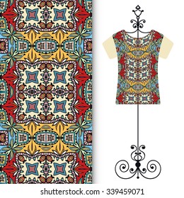 Vector fashion illustration, t-shirt on a hanger and hand drawn seamless floral geometric pattern, isolated elements for invitation card design. Seamless fabric texture