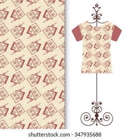 Vector fashion illustration, t-shirt on a hanger, hand drawn seamless pattern with tiny houses, isolated elements for invitation card design, repeating fabric texture