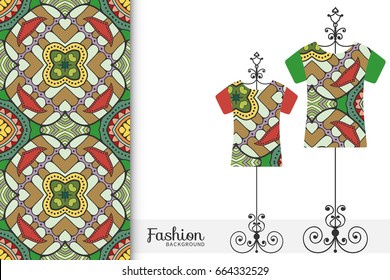 Vector fashion illustration, t-shirt set on a hanger and seamless floral geometric pattern with hand drawn repeating texture. Isolated element for fabric print, scrapbook or invitation cards design.