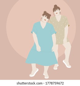 Vector fashion illustration two young girl in full growth, in a beige dress and blue dress.