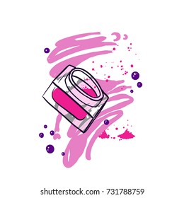 Vector fashion illustration with vials, decorative cosmetics. Make up.  Drops and glitter