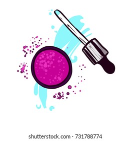 Vector fashion illustration with vials, decorative cosmetics. Make up. Drops and glitter