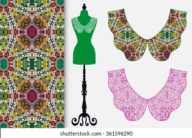 Vector fashion illustration. Vintage lace collars collection, tailor's dummy and seamless floral geometric pattern. Hand drawn isolated elements for scrapbook, invitations or cards design.
