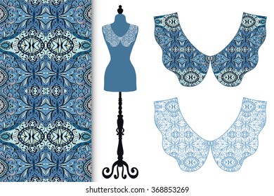 Vector fashion illustration. Vintage lace collars collection, tailor's dummy and seamless floral geometric pattern. Hand drawn isolated elements for scrapbook, invitations or cards design.
