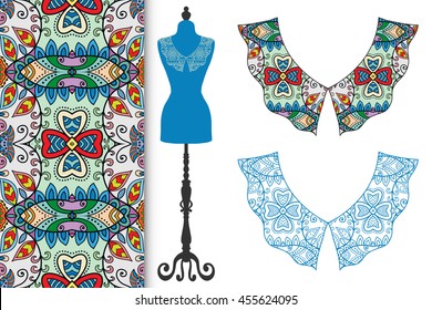 Vector fashion illustration. Vintage lace collars collection, tailor's dummy and seamless floral geometric pattern. Hand drawn isolated elements for scrapbook, invitations or cards design.