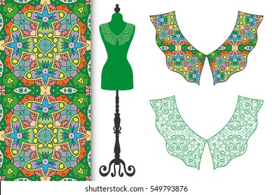 Vector fashion illustration. Vintage lace collars collection, tailor's dummy and seamless floral geometric pattern. Hand drawn isolated elements for scrapbook, invitations or cards design.