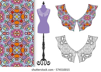 Vector fashion illustration. Vintage lace collars collection, tailor's dummy and seamless floral geometric pattern. Hand drawn isolated elements for scrapbook, invitations or cards design.
