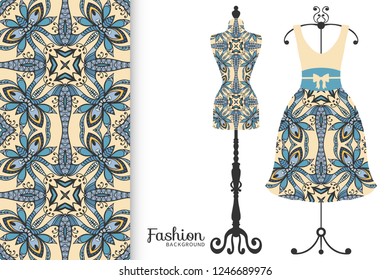 Vector fashion illustration. Vintage tailor dummy, dress model, colorful seamless pattern for textile fabric, paper print, invitation, business card design. Boho style isolated clothes collection