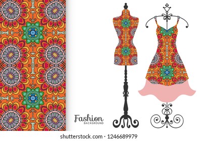 Vector fashion illustration. Vintage tailor dummy, dress model, colorful seamless pattern for textile fabric, paper print, invitation, business card design. Boho style isolated clothes collection