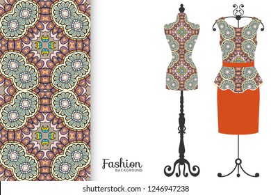 Vector fashion illustration. Vintage tailor dummy, dress model, colorful seamless pattern for textile fabric, paper print, invitation, business card design. Boho style isolated clothes collection