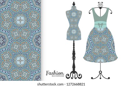 Vector fashion illustration. Vintage tailor dummy, dress model, colorful seamless pattern for textile fabric, paper print, invitation, business card design. Boho style isolated clothes collection