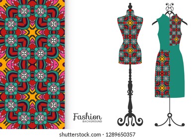 Vector fashion illustration. Vintage tailor dummy, dress model, colorful seamless pattern for textile fabric, paper print, invitation, business card design. Boho style isolated clothes collection