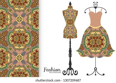 Vector fashion illustration. Vintage tailor dummy, dress model, colorful seamless pattern for textile fabric, paper print, invitation, business card design. Boho style isolated clothes collection