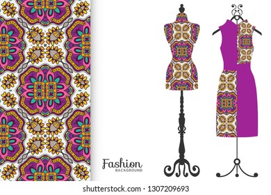 Vector fashion illustration. Vintage tailor dummy, dress model, colorful seamless pattern for textile fabric, paper print, invitation, business card design. Boho style isolated clothes collection