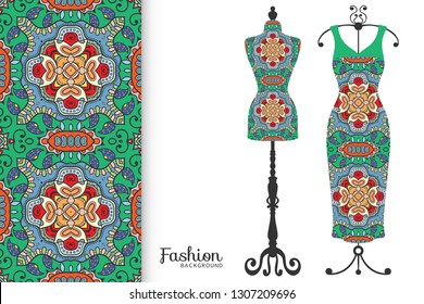 Vector fashion illustration. Vintage tailor dummy, dress model, colorful seamless pattern for textile fabric, paper print, invitation, business card design. Boho style isolated clothes collection