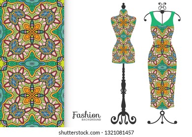 Vector fashion illustration. Vintage tailor dummy, dress model, colorful seamless pattern for textile fabric, paper print, invitation, business card design. Boho style isolated clothes collection