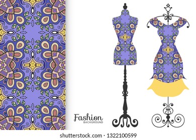 Vector fashion illustration. Vintage tailor dummy, dress model, colorful seamless pattern for textile fabric, paper print, invitation, business card design. Boho style isolated clothes collection