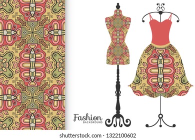 Vector fashion illustration. Vintage tailor dummy, dress model, colorful seamless pattern for textile fabric, paper print, invitation, business card design. Boho style isolated clothes collection