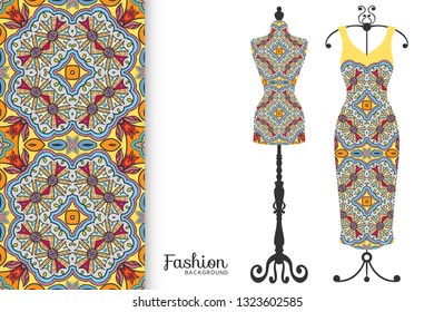 Vector fashion illustration. Vintage tailor dummy, dress model, colorful seamless pattern for textile fabric, paper print, invitation, business card design. Boho style isolated clothes collection