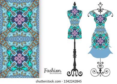 Vector fashion illustration. Vintage tailor dummy, dress model, colorful seamless pattern for textile fabric, paper print, invitation, business card design. Boho style isolated clothes collection